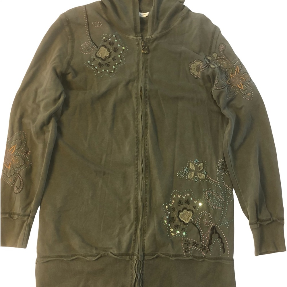 Women’s Vertigo Paris Embroidered Back Front Sleeves Olive GreenTunic Hoodie